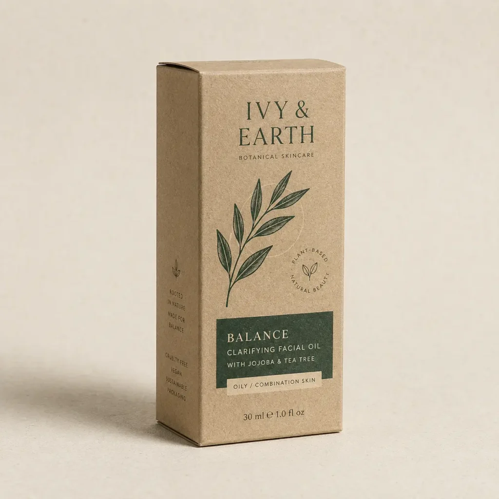 Ivy & Earth Balance clarifying facial oil kraft box, green botanical print, eco-friendly sustainable skincare packaging design