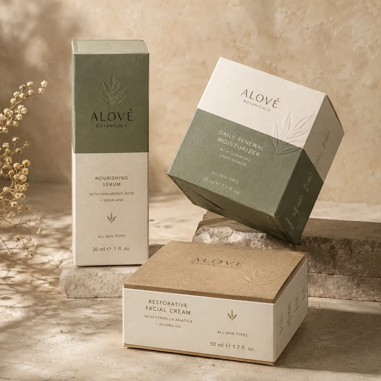 Alové Botanicals luxury skincare packaging set featuring sage green serum box, moisturizer, and facial cream on stone surface