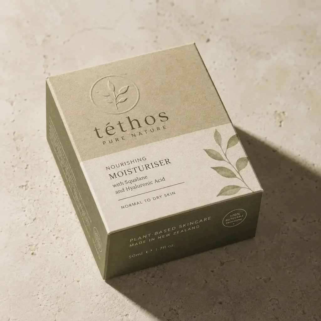 Téthos Pure Nature nourishing moisturiser box, kraft beige and olive green eco packaging, plant-based skincare, New Zealand, 50ml