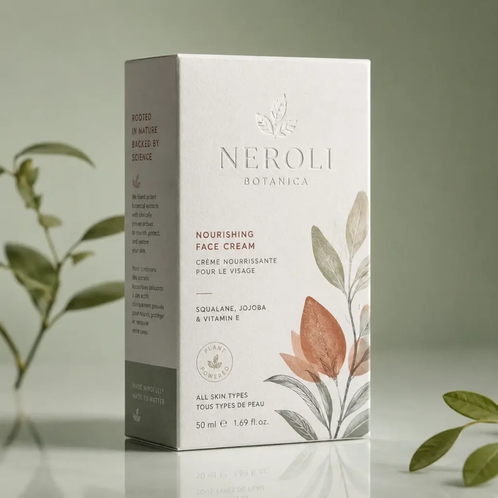 Neroli Botanica Nourishing Face Cream 50ml luxury skincare packaging with botanical watercolor design on white box
