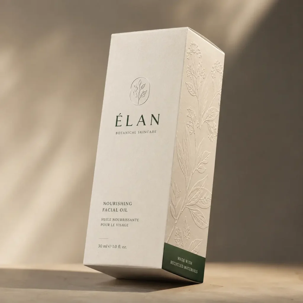 Élan Botanical Skincare luxury facial oil box, cream embossed floral packaging, green recycled materials label, soft natural lighting