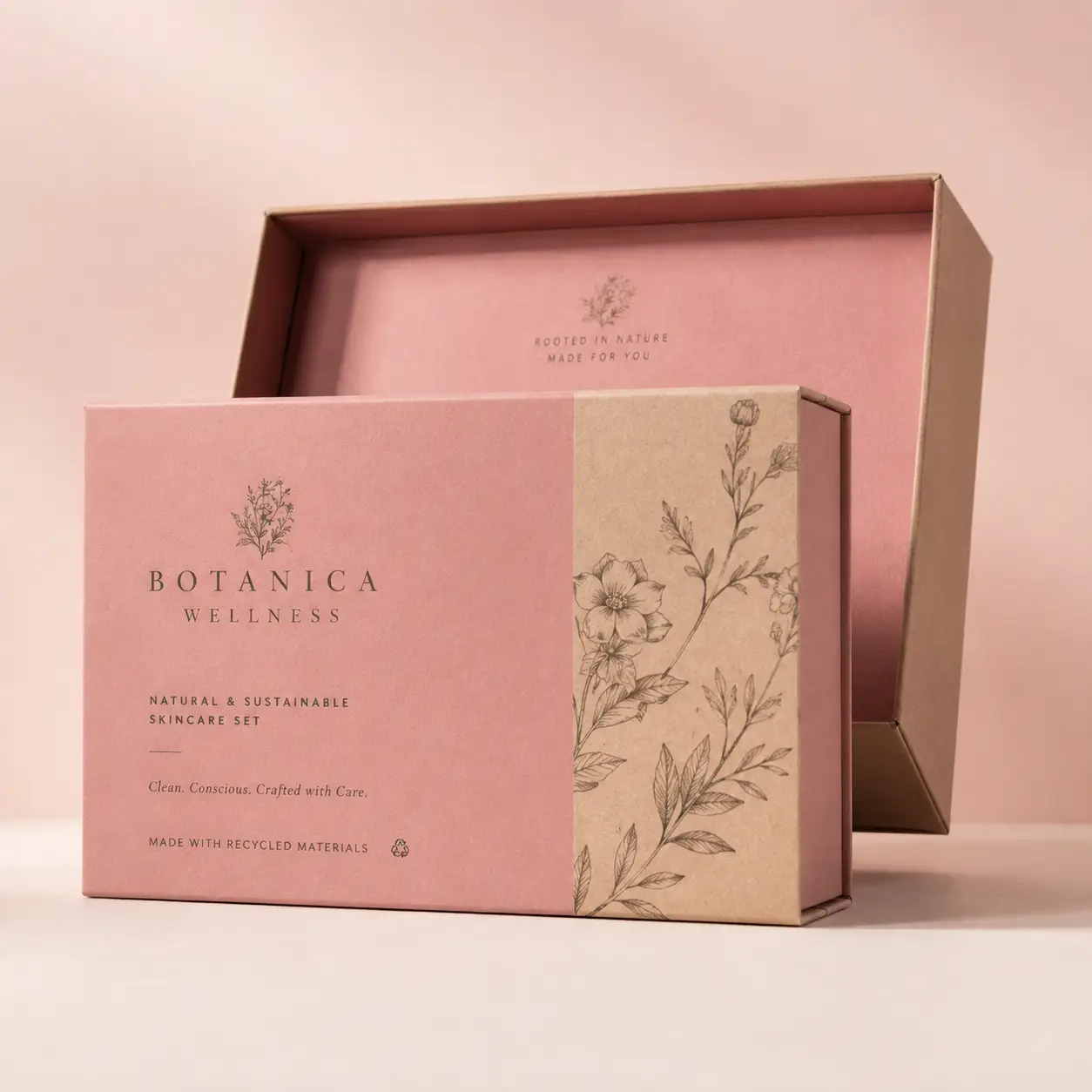 Botanica Wellness pink kraft eco skincare gift box set with botanical floral illustrations, recycled sustainable luxury packaging design