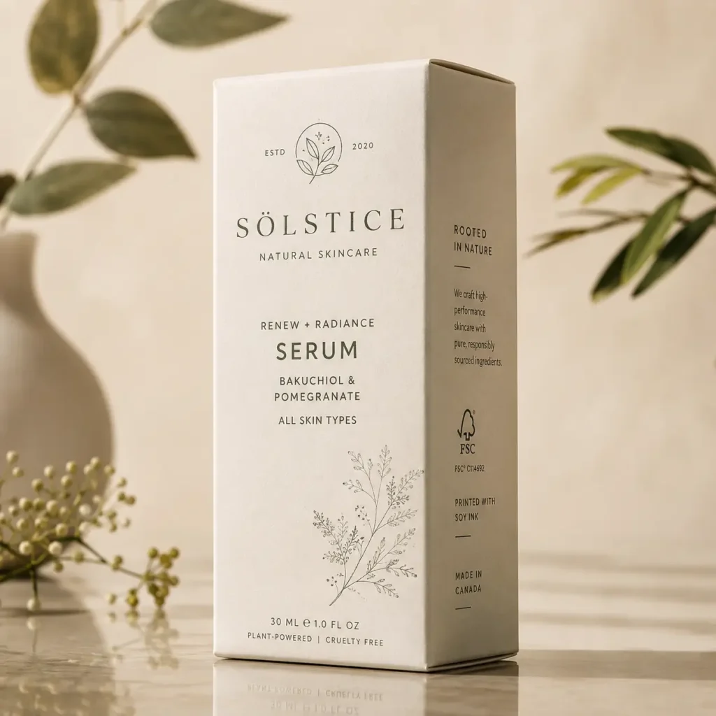 Sölstice Natural Skincare Renew Radiance Serum box, cream white eco packaging, bakuchiol pomegranate, 30ml, cruelty-free, made in Canada