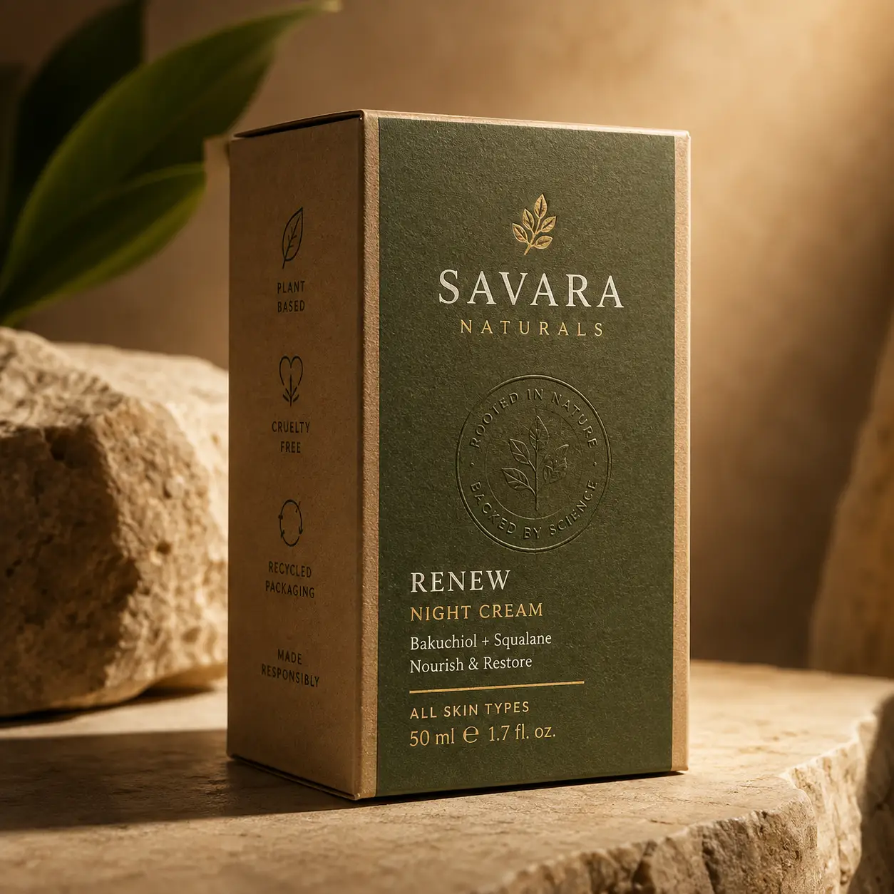 Savara Naturals Renew Night Cream box in dark green and kraft brown with gold foil, placed on stone with warm lighting