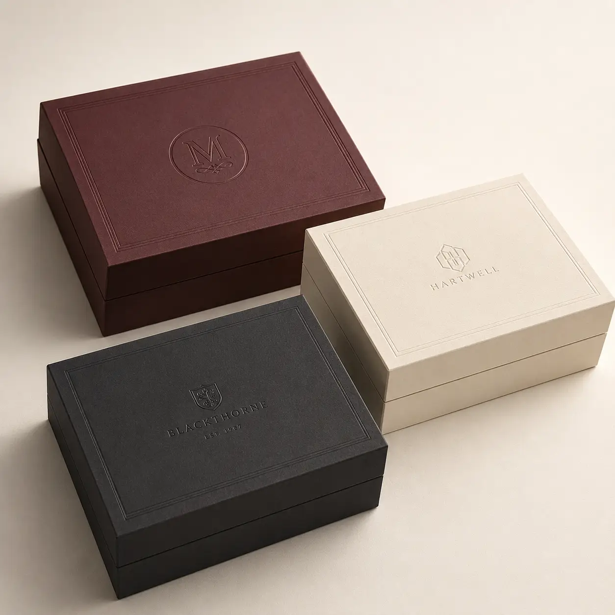 Three luxury custom gift boxes in burgundy, cream, and charcoal with embossed brand logos premium rigid packaging