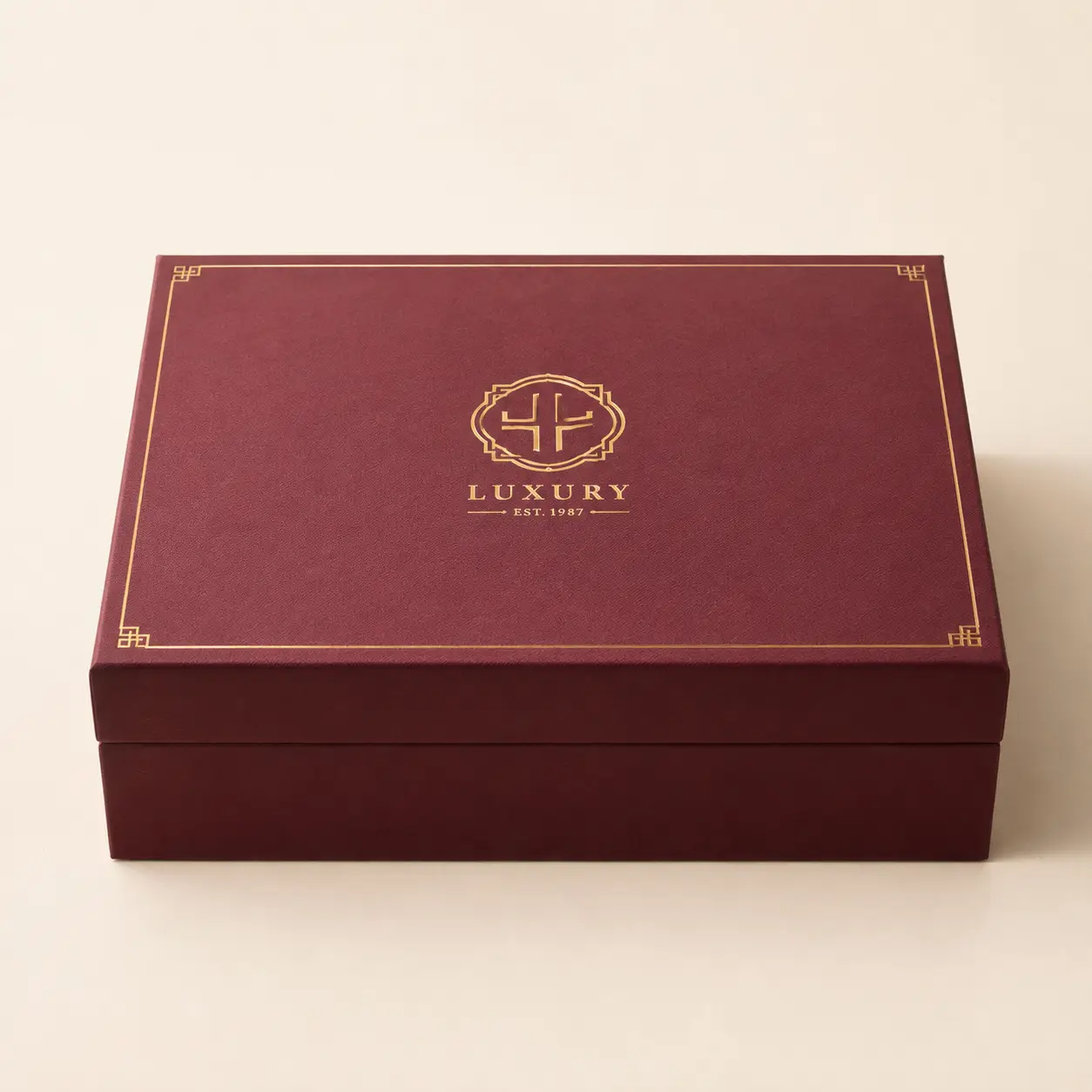 Luxury gift box packaging in deep burgundy with gold foil logo and border, elegant rigid box EST. 1987, custom premium packaging