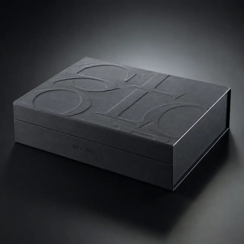 Luxury matte black embossed gift box with EST. 1987 inscription, premium rigid packaging design with tonal typography