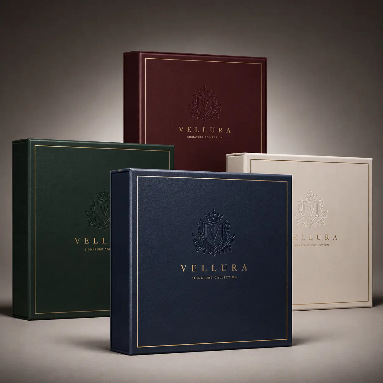 Four luxury Vellura Signature Collection gift boxes in navy, burgundy, forest green, and cream with gold embossed crests