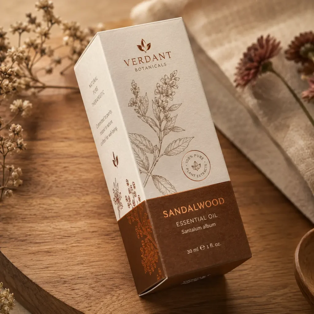 Verdant Botanicals sandalwood essential oil 30ml box, cream and brown packaging on rustic wood surface with dried flowers