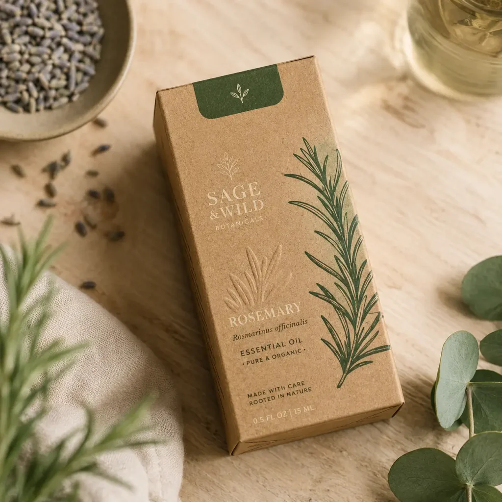 Sage & Wild Botanicals rosemary essential oil kraft box packaging with botanical illustration, eucalyptus, lavender seeds, natural wood surface