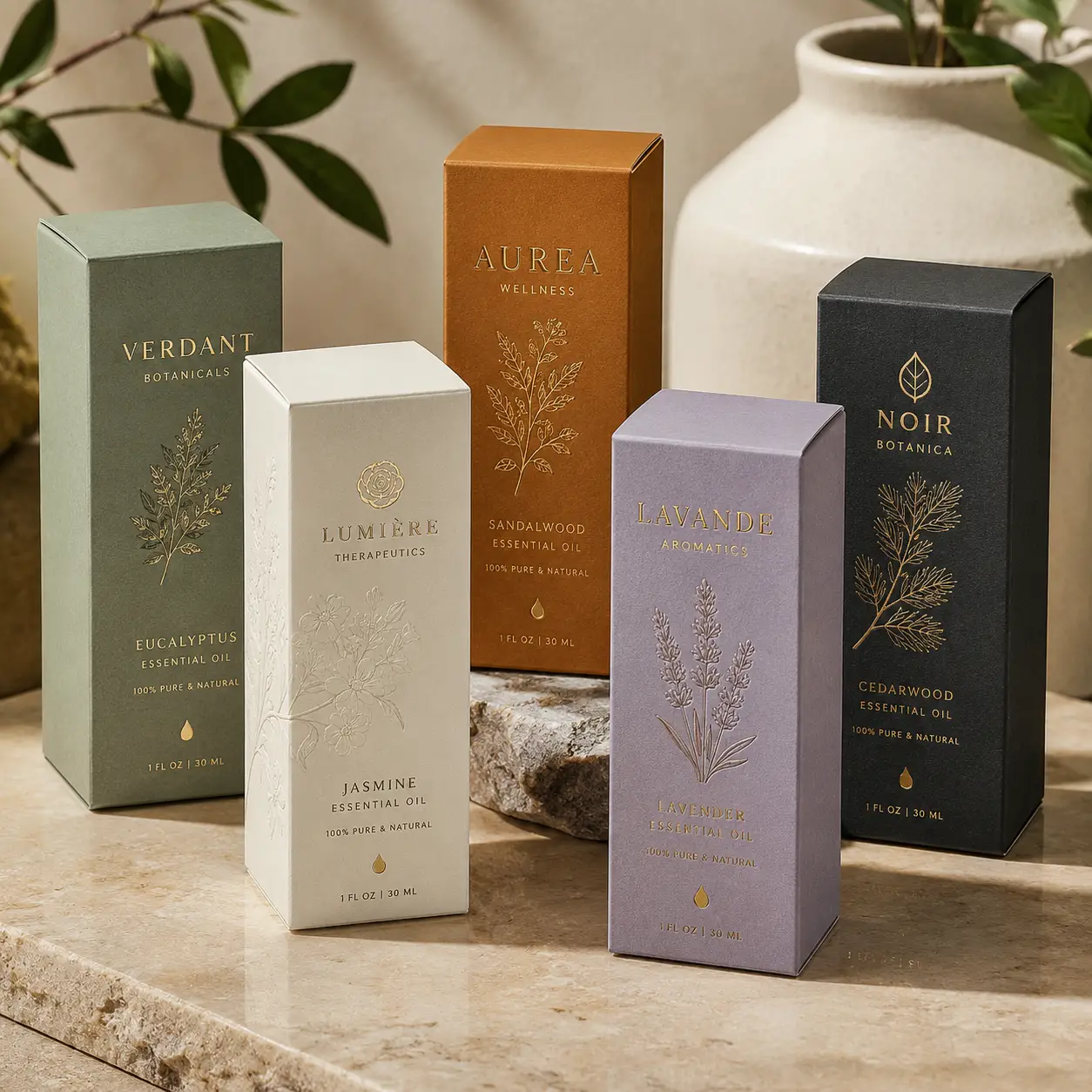 Five luxury essential oil boxes in sage, cream, amber, lavender, and black with gold botanical foil packaging designs on marble surface