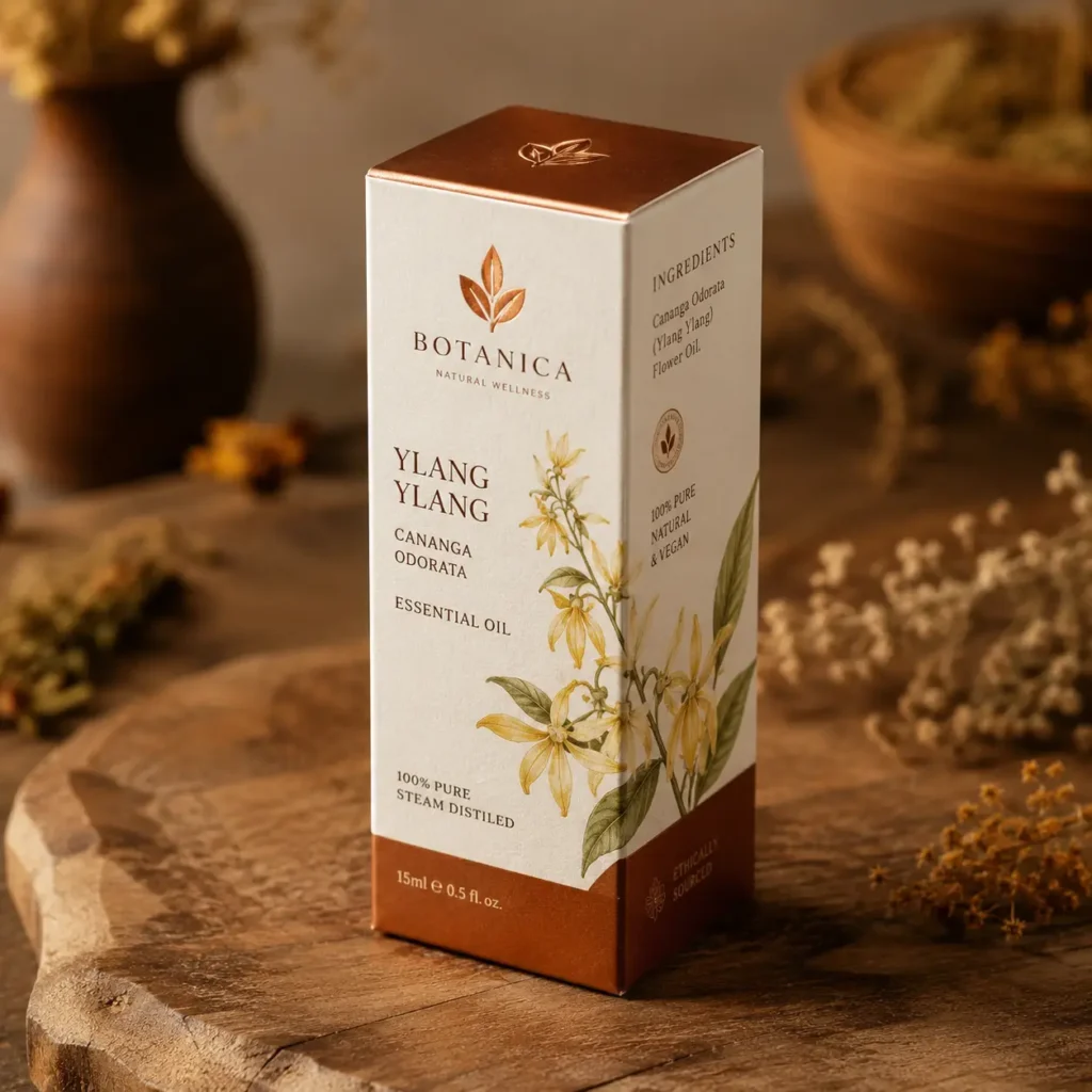 Botanica Natural Wellness Ylang Ylang essential oil box, copper white packaging, botanical illustration, wooden surface, dried flowers