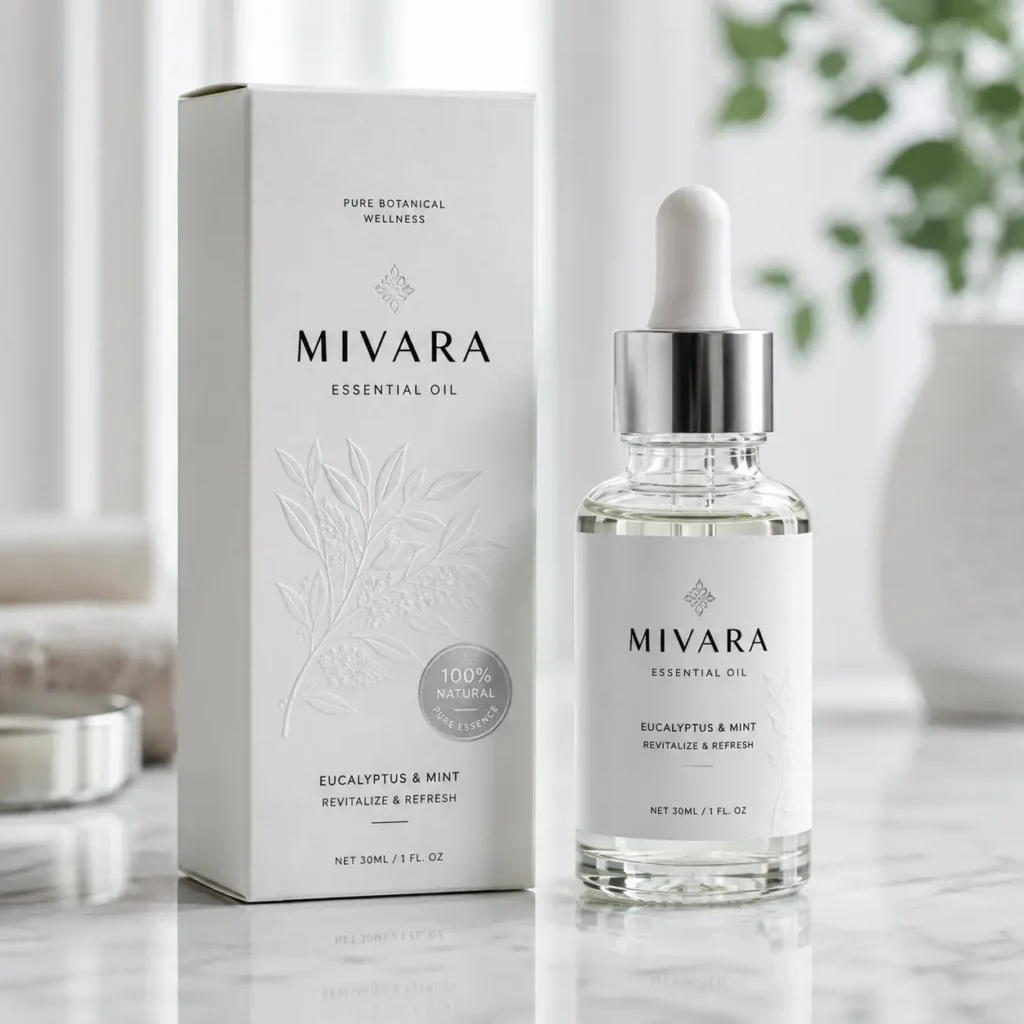 Mivara eucalyptus mint essential oil dropper bottle with white luxury packaging box on marble surface, 30ml natural wellness product
