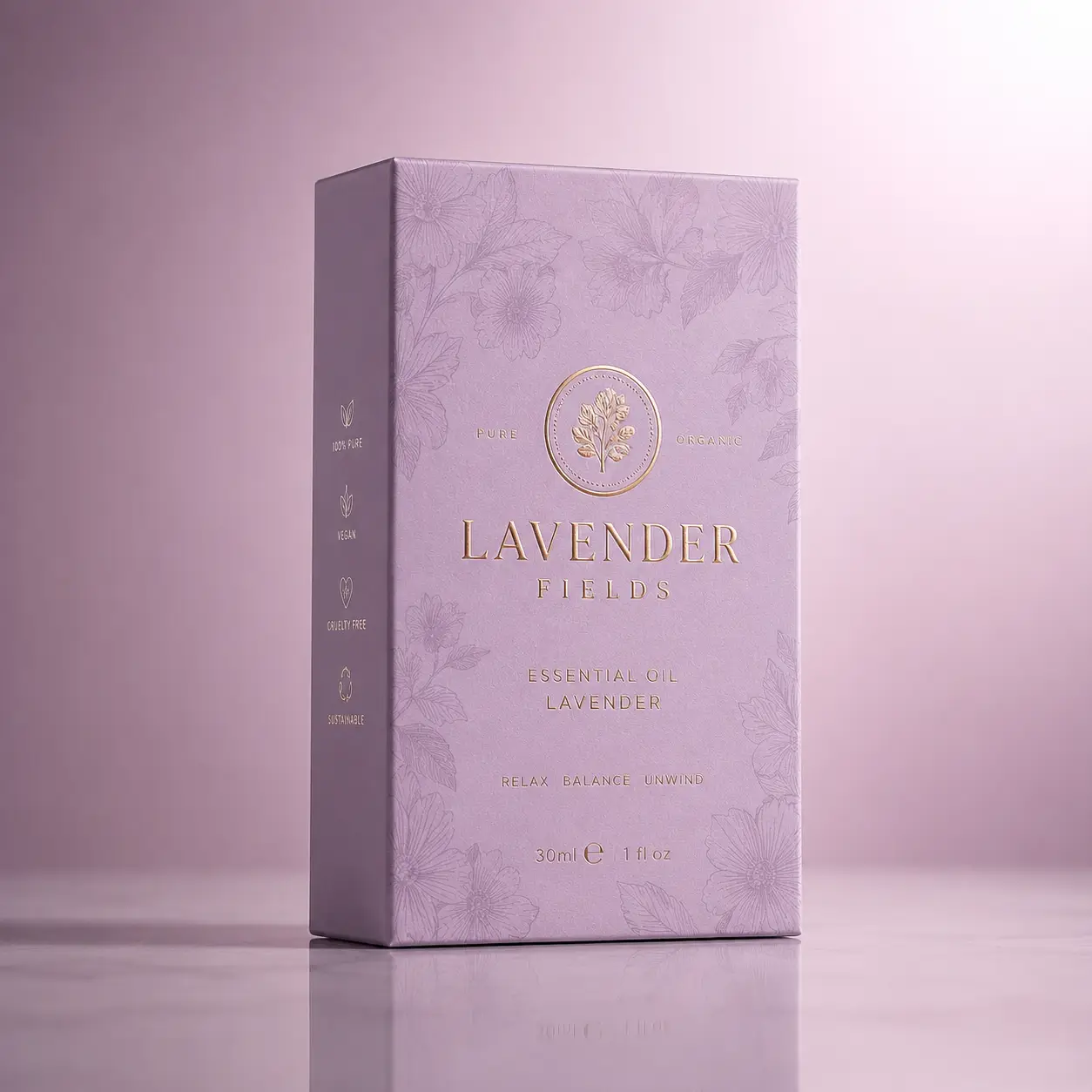 Lavender Fields essential oil luxury packaging box, soft purple floral design, gold foil logo, 30ml organic vegan product