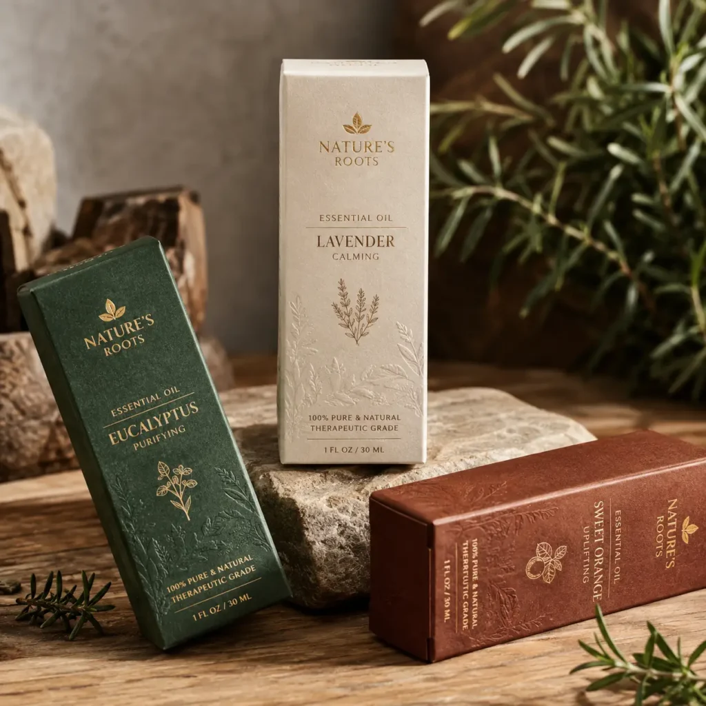 Nature's Roots essential oil boxes in green eucalyptus, cream lavender, and brown sweet orange luxury packaging on rustic wood