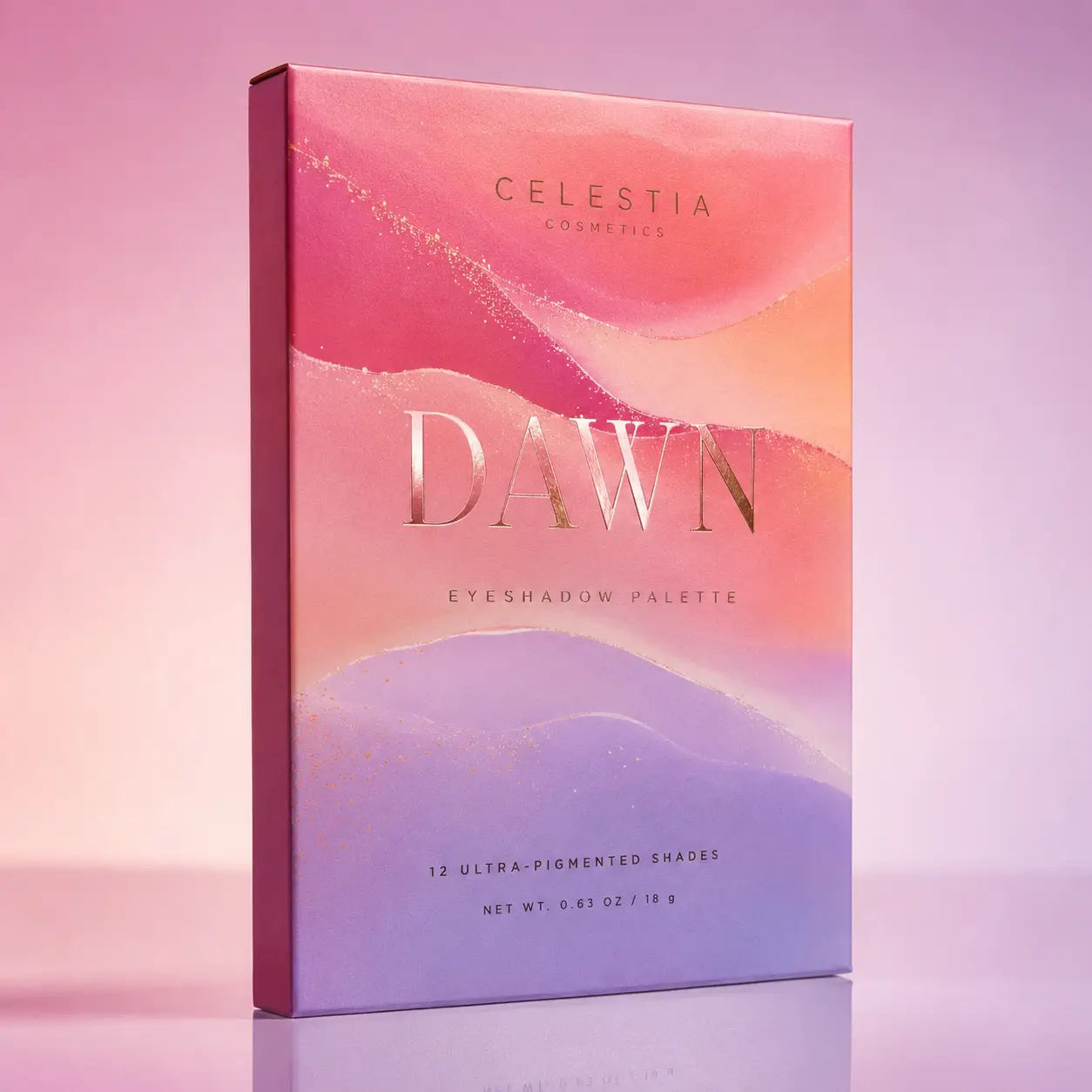 Celestia Cosmetics Dawn Eyeshadow Palette box in pink purple gradient with gold foil text, luxury cosmetic packaging design