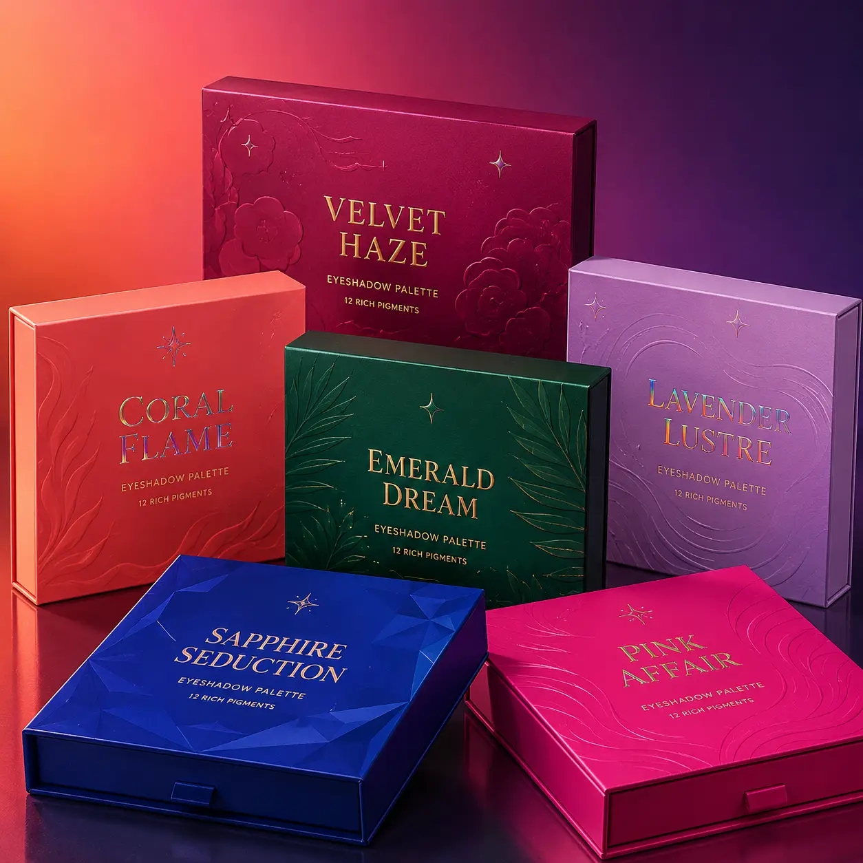 Six luxury eyeshadow palette boxes in jewel tones: crimson Velvet Haze, coral Coral Flame, emerald green Emerald Dream, lavender Lavender Lustre, s...