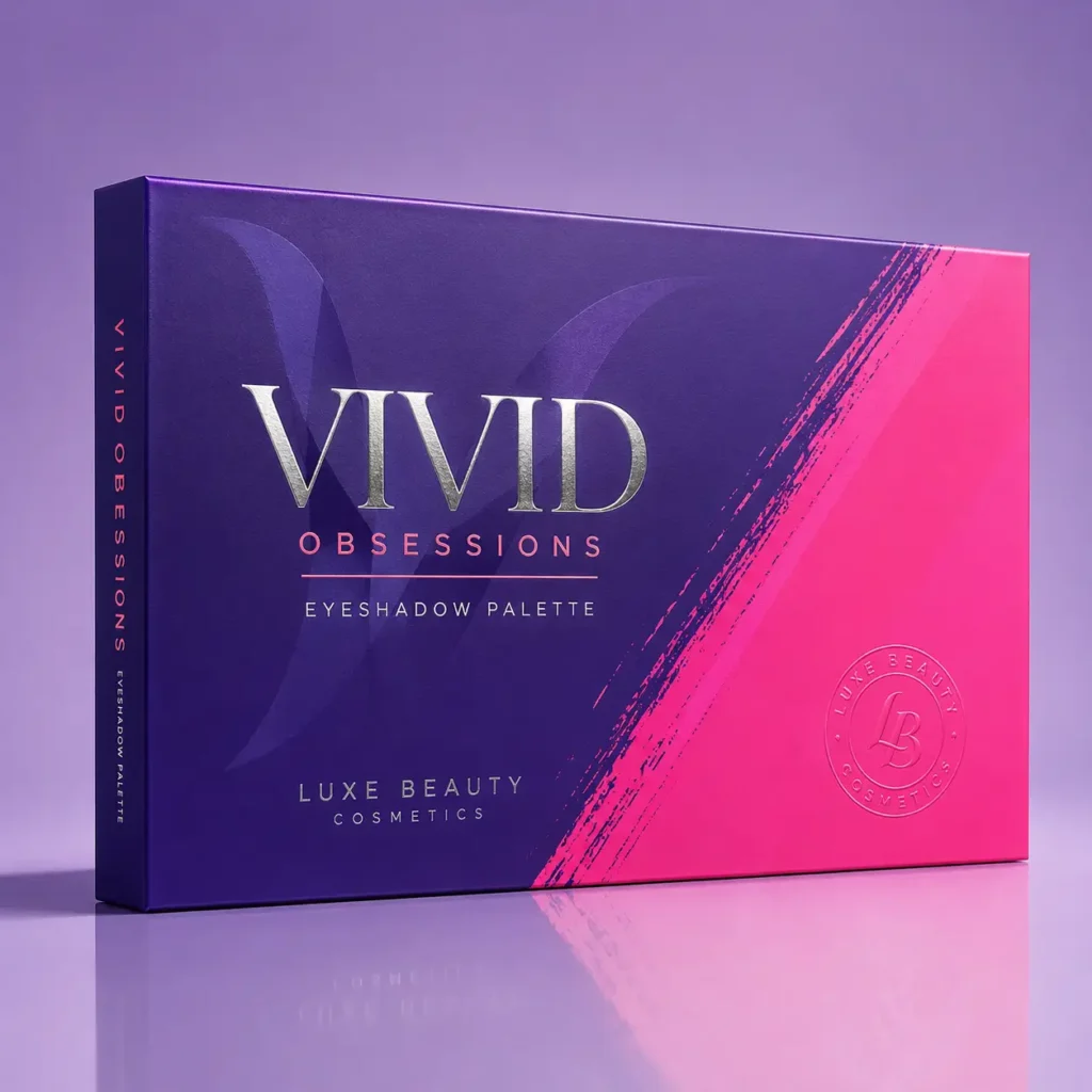 Vivid Obsessions eyeshadow palette box by Luxe Beauty Cosmetics in bold purple and hot pink luxury cosmetic packaging design