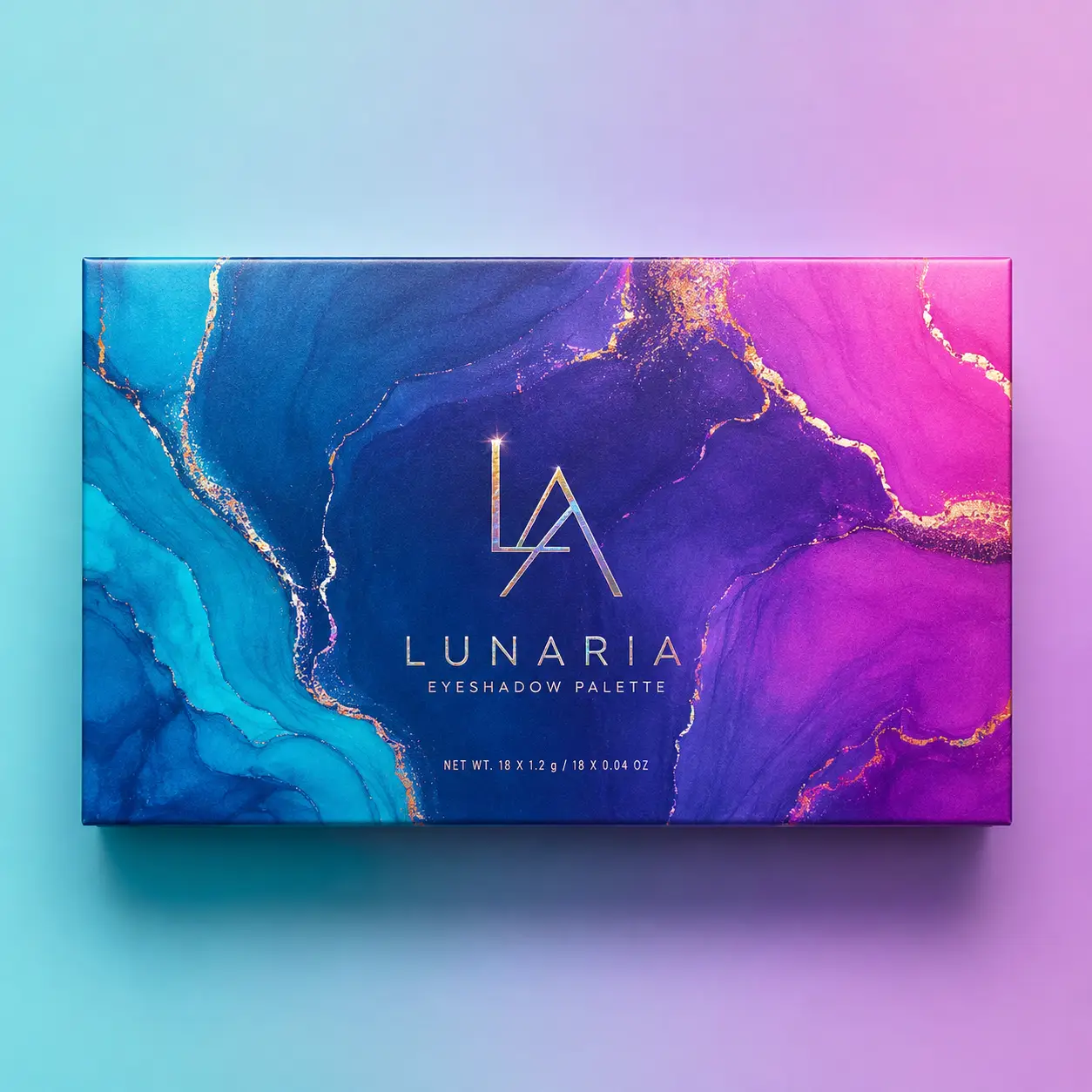 Lunaria eyeshadow palette box with holographic LA logo on vibrant blue purple pink marble gold veins luxury cosmetic packaging design