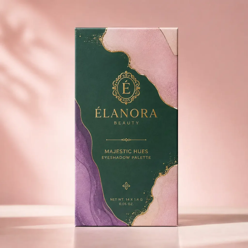 Élanora Beauty Majestic Hues eyeshadow palette box with emerald green, pink, purple marble design and gold foil accents