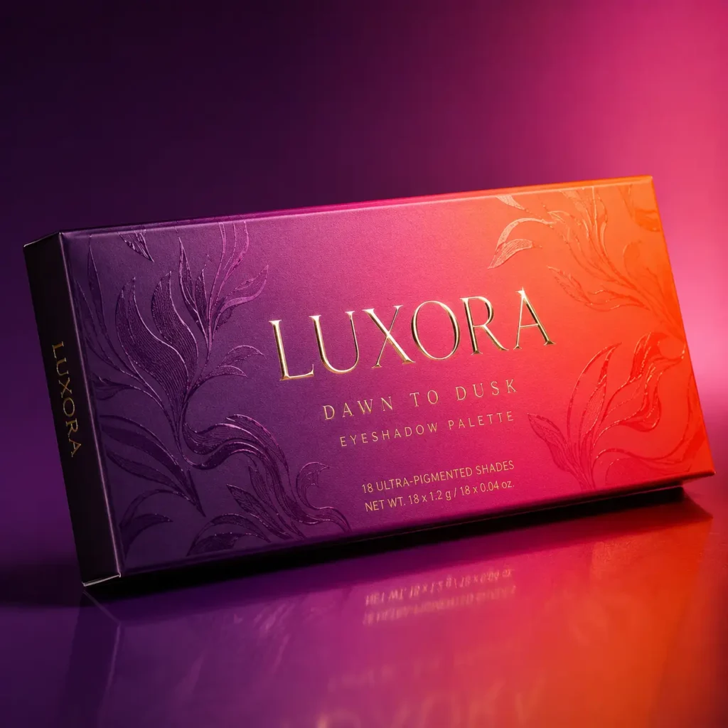 Luxora Dawn to Dusk eyeshadow palette box, purple-to-orange gradient with gold foil text and embossed floral details, luxury cosmetic packaging design