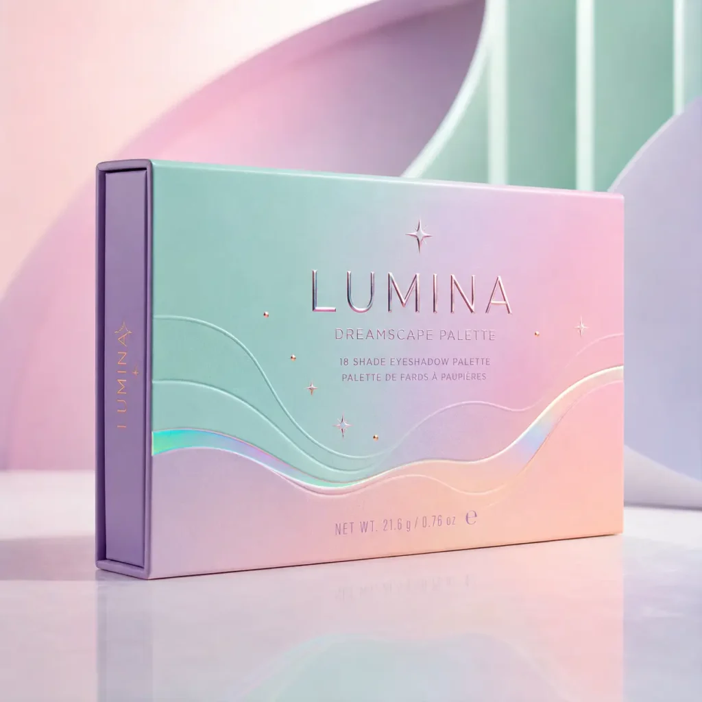 Lumina Dreamscape 18-shade eyeshadow palette in pastel mint, pink, and lavender gradient packaging with holographic wave design