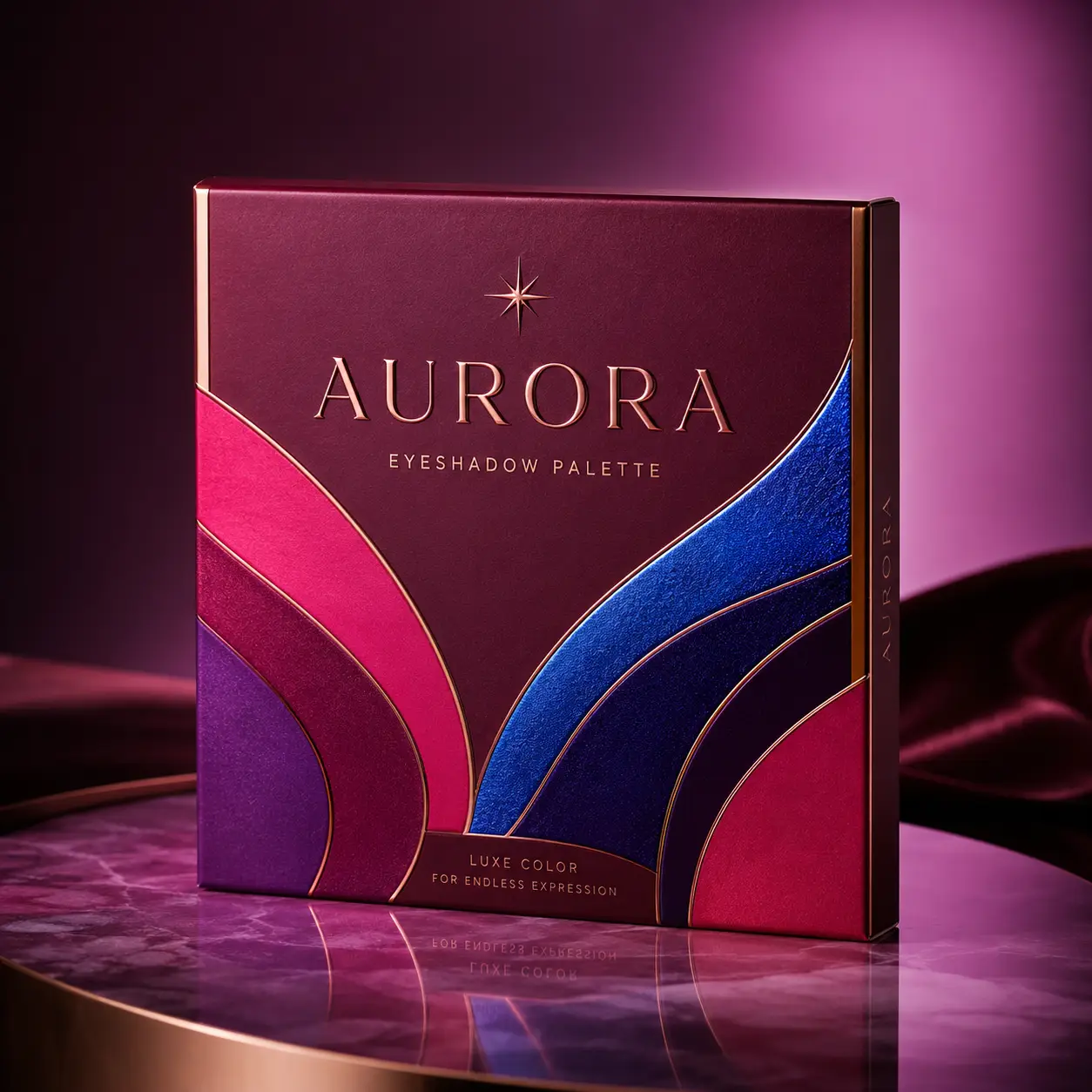 Aurora Eyeshadow Palette luxury packaging in deep burgundy with cobalt blue and magenta Art Deco arcs, gold accents, on purple marble
