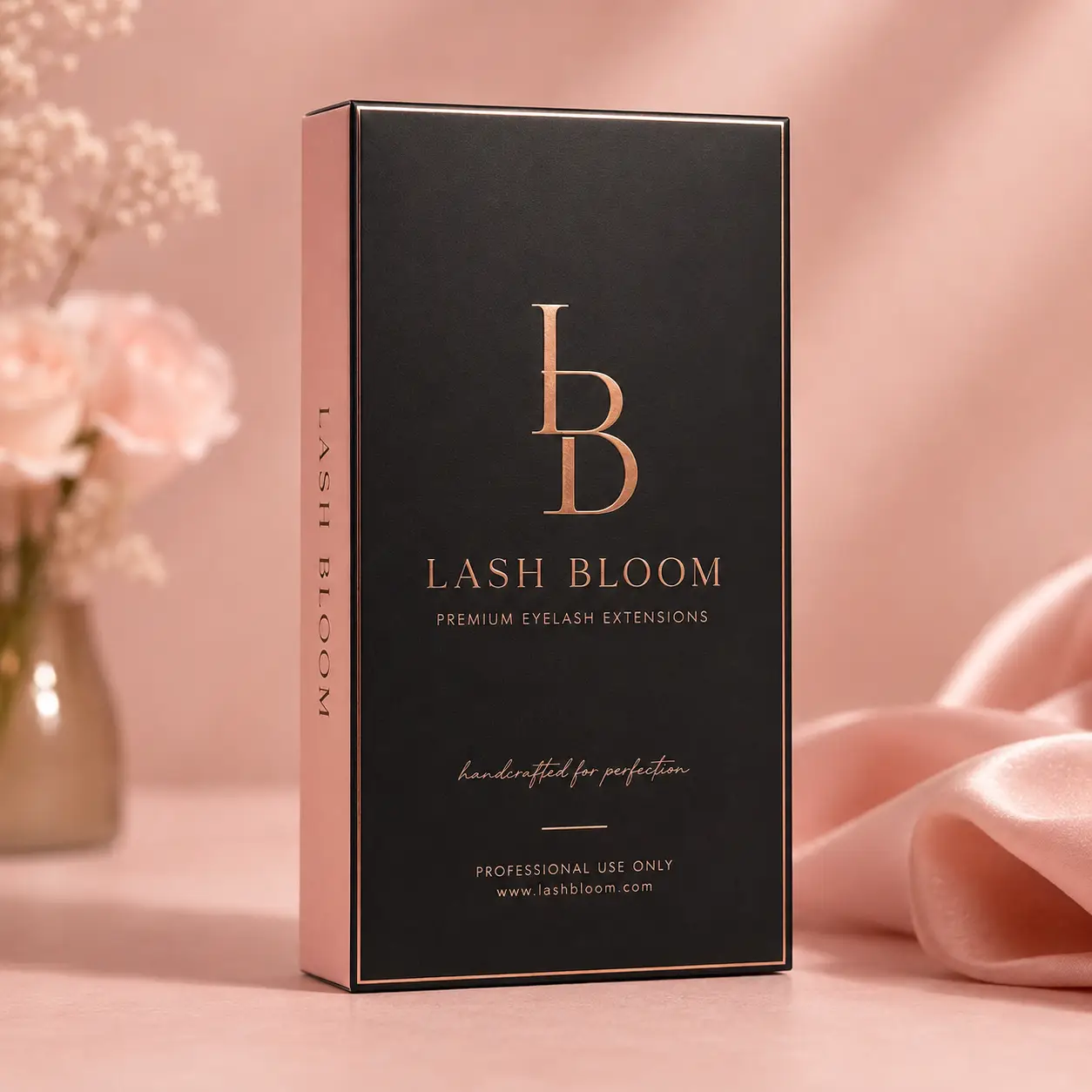 Lash Bloom premium eyelash extensions black rose gold luxury packaging box with silk fabric and pink floral background