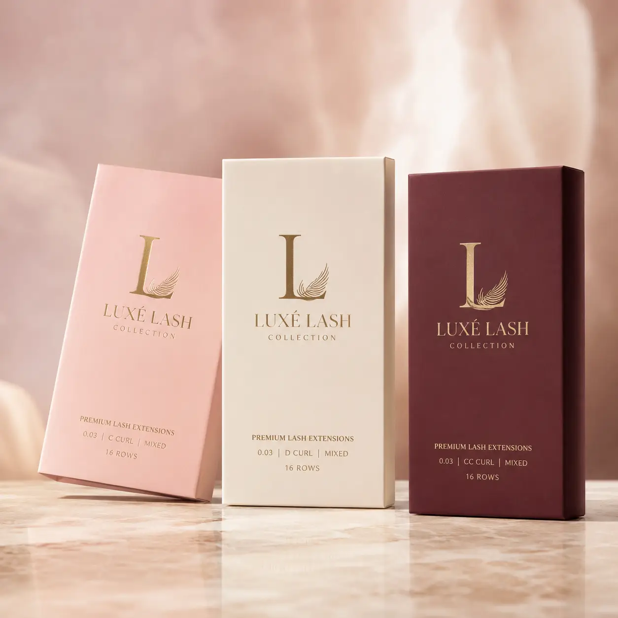 Luxé Lash Collection premium lash extension boxes in pink, cream, and burgundy with gold foil branding on marble surface
