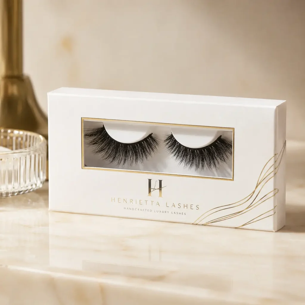 Henrietta Lashes luxury white gold false eyelash packaging box with clear window display on marble surface