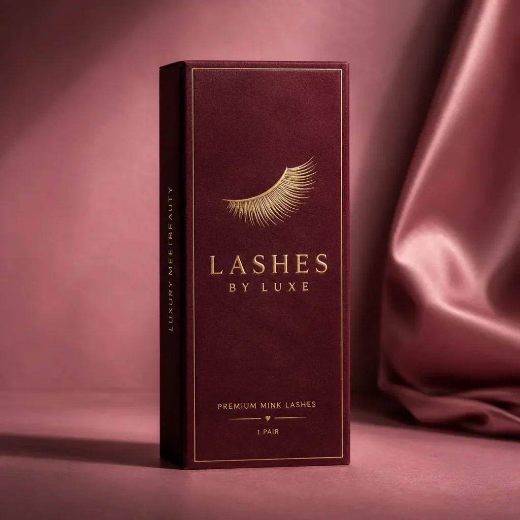 Luxury burgundy gold foil false eyelash box packaging design for Lashes By Luxe premium mink lashes with satin background