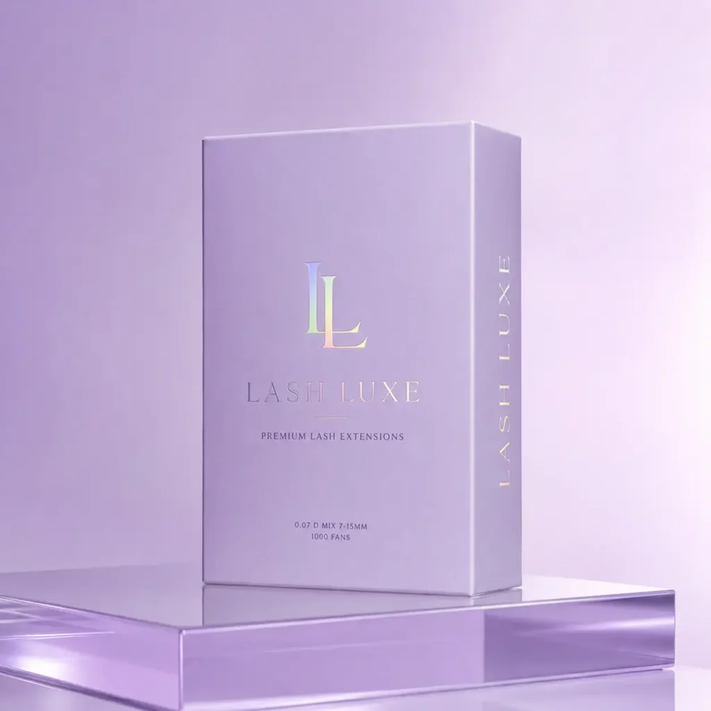 Lash Luxe premium lash extensions box in lavender with holographic LL logo, 0.07D mix 7-15mm, 1000 fans, luxury packaging design