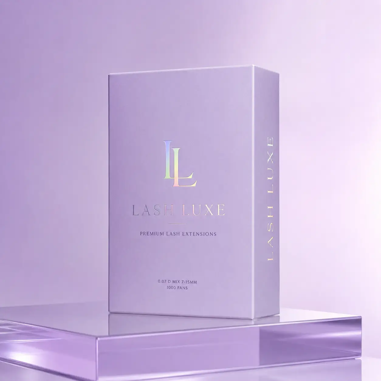 Lash Luxe premium lash extensions box in lavender with holographic LL logo, 0.07D mix 7-15mm, 1000 fans, luxury packaging design