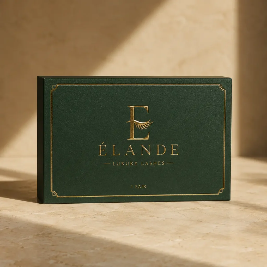Élande Luxury Lashes emerald green gold foil packaging box on marble surface with warm natural lighting