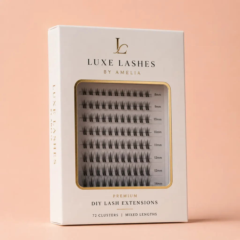 White luxury DIY lash extensions box by Luxe Lashes by Amelia, gold trim window, 72 mixed length clusters, peach background