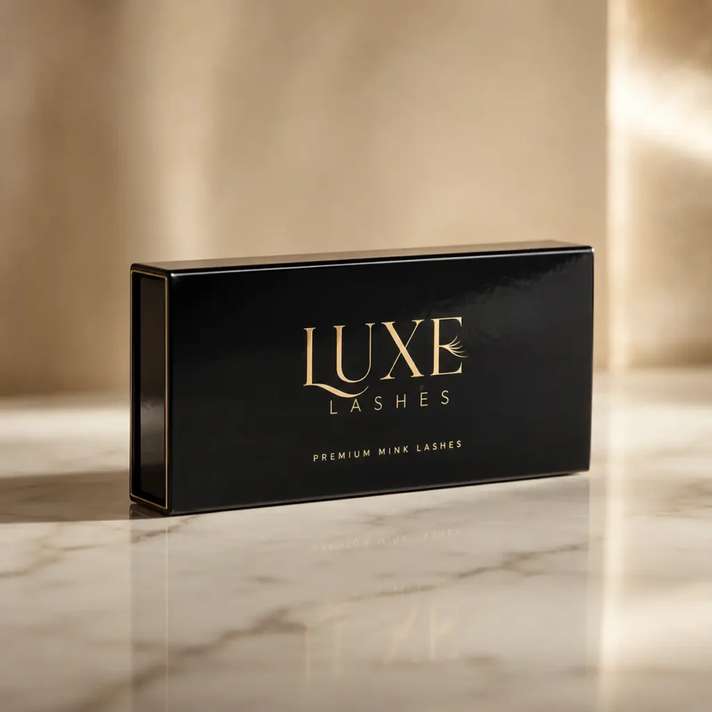 Luxe Lashes premium mink lashes glossy black gold luxury packaging box on marble surface, elegant cosmetic branding design