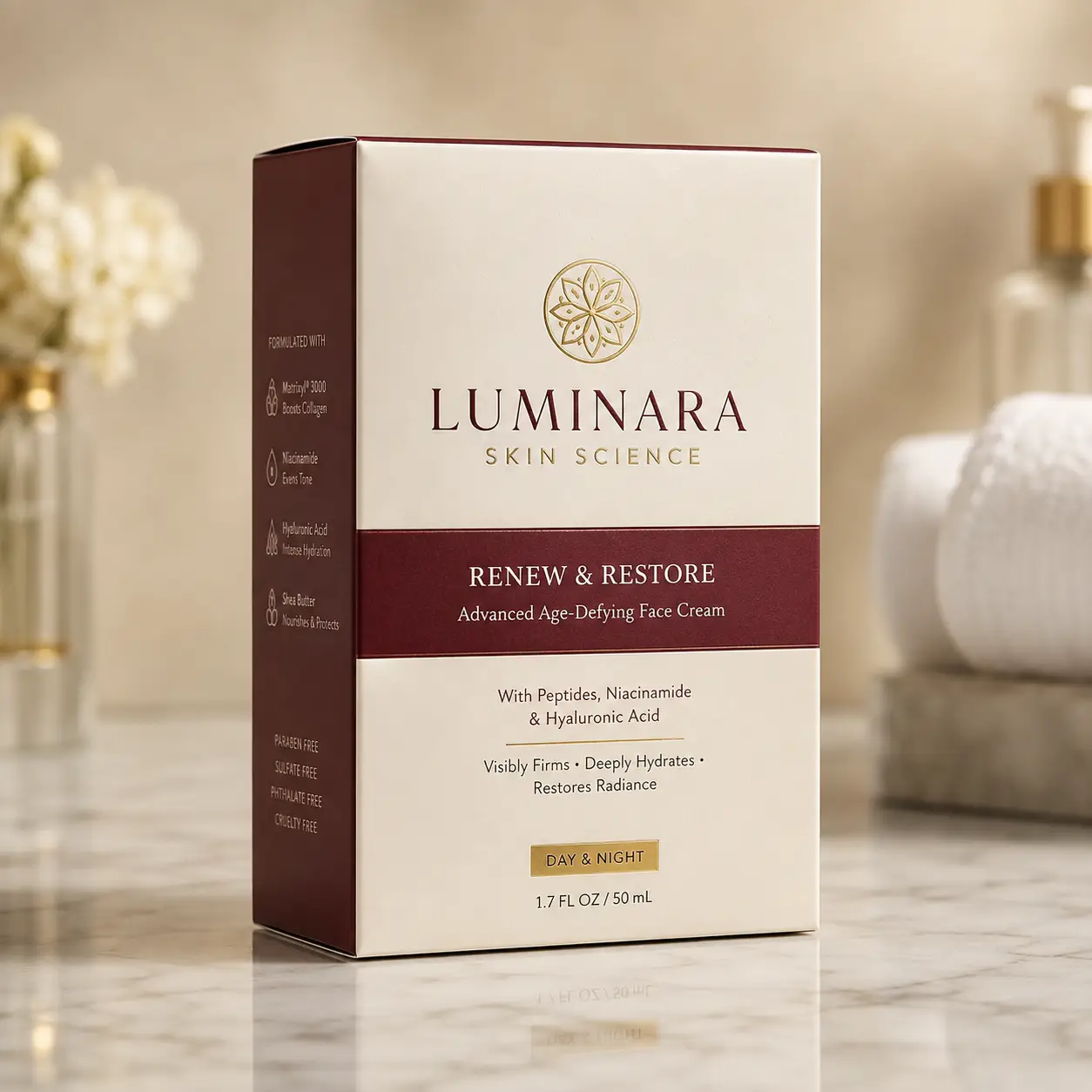 Luminara Skin Science Renew & Restore face cream box in cream and burgundy on marble surface with gold accents
