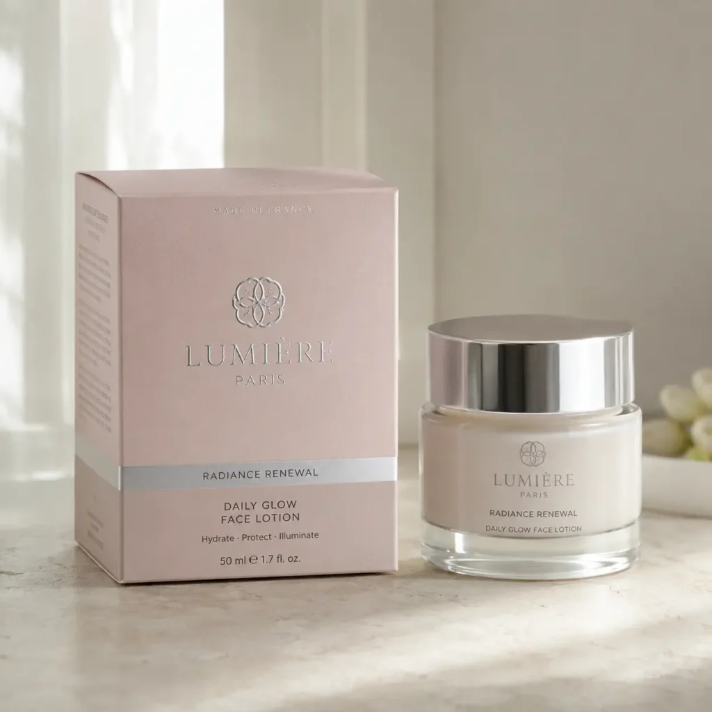 Lumière Paris Radiance Renewal Daily Glow Face Lotion 50ml in blush pink luxury packaging box beside glass jar with silver lid