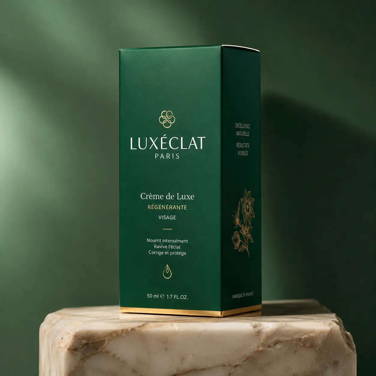 Luxéclat Paris green gold luxury skincare box Crème de Luxe Régénérante on marble pedestal, elegant premium packaging design