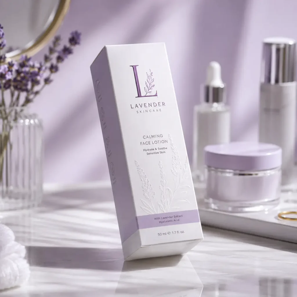 Lavender Skincare Calming Face Lotion 50ml box with hyaluronic acid, purple-white luxury cosmetic packaging design on marble surface