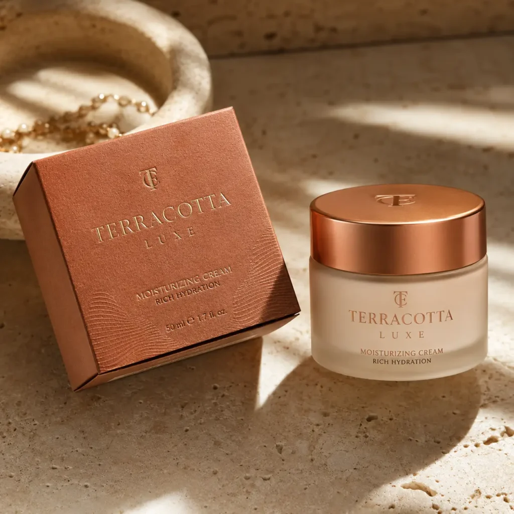 Terracotta Luxe moisturizing cream 50ml in frosted jar with rose gold lid beside terracotta luxury packaging box on sandy stone surface