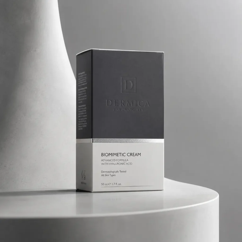 Dermica Laboratoires Biomimetic Cream luxury skincare box, dark gray and white elegant packaging design on white pedestal