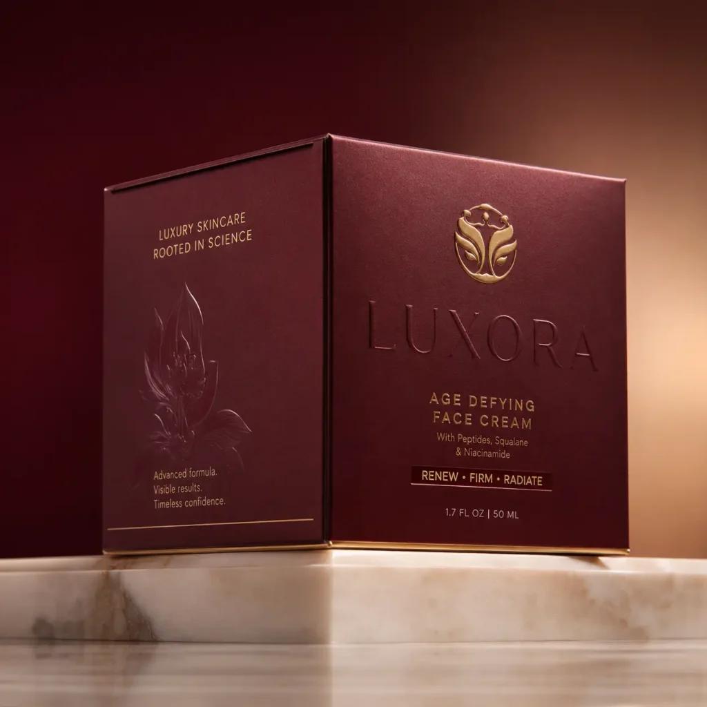 Luxora Age Defying Face Cream luxury skincare box in deep burgundy and gold on marble, premium cosmetic packaging design