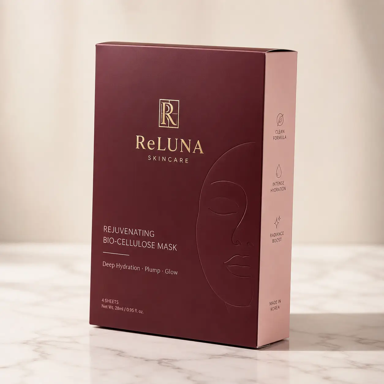 ReLuna Skincare burgundy bio-cellulose face mask box, luxury Korean beauty packaging design on marble surface