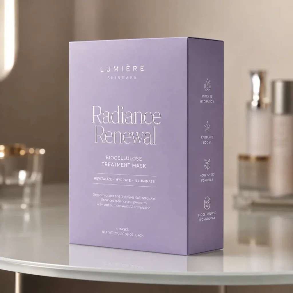 Lumière Skincare Radiance Renewal biocellulose face mask box in lavender purple on marble table, luxury skincare packaging design