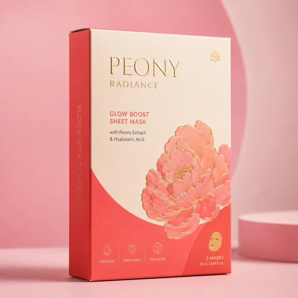 Peony Radiance Glow Boost Sheet Mask box, coral red and cream packaging with gold peony illustration, pink studio background