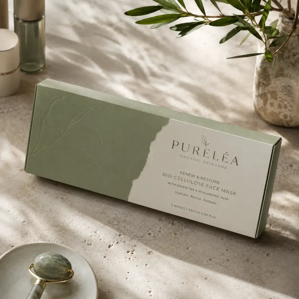 Pureléa Organic Skincare Bio-Cellulose Face Mask sage green luxury packaging box on stone surface with jade roller and olive branches