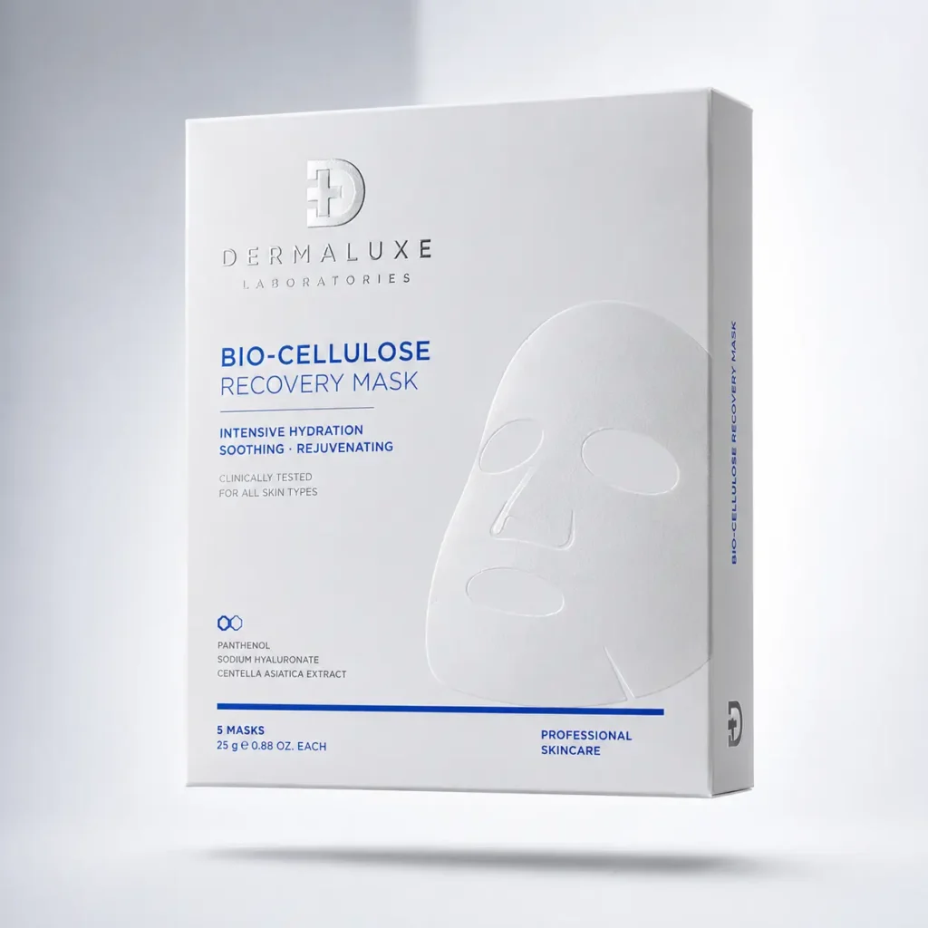 Dermaluxe Laboratories Bio-Cellulose Recovery Mask white luxury skincare box packaging with blue typography, 5 masks, professional design