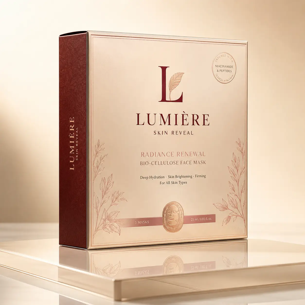 Lumière Skin Reveal luxury bio-cellulose face mask box in rose gold and burgundy, featuring botanical design on glossy surface