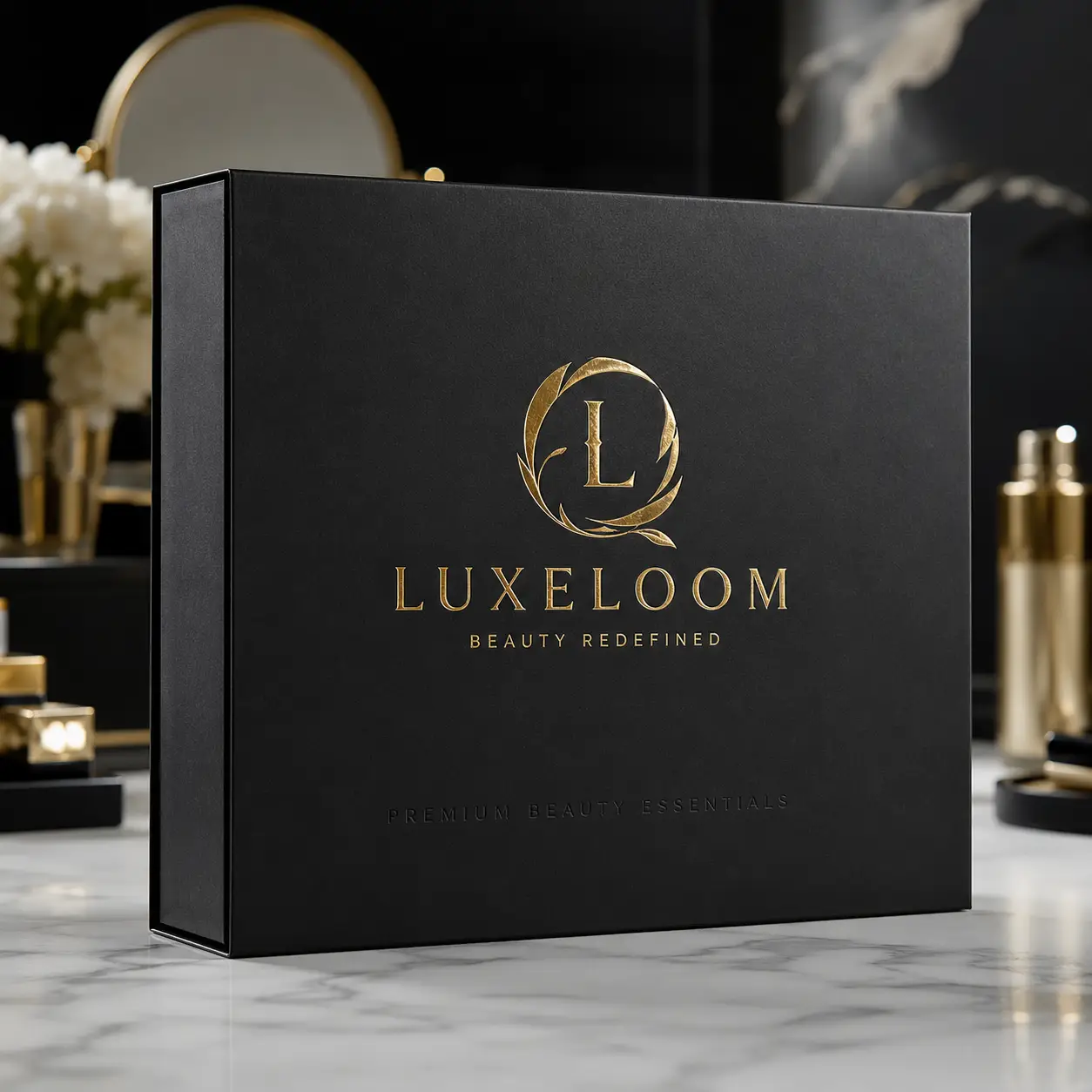 Luxeloom black matte luxury gift box with gold foil logo on marble surface, premium beauty brand packaging design by The Packaging Masters